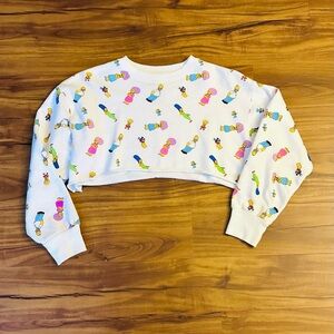 White Cropped Cartoon-Print Women's Sweater